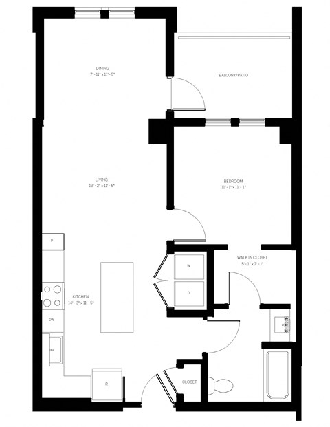 Floor plan for 1 bed, 1 bath, 775 sqft